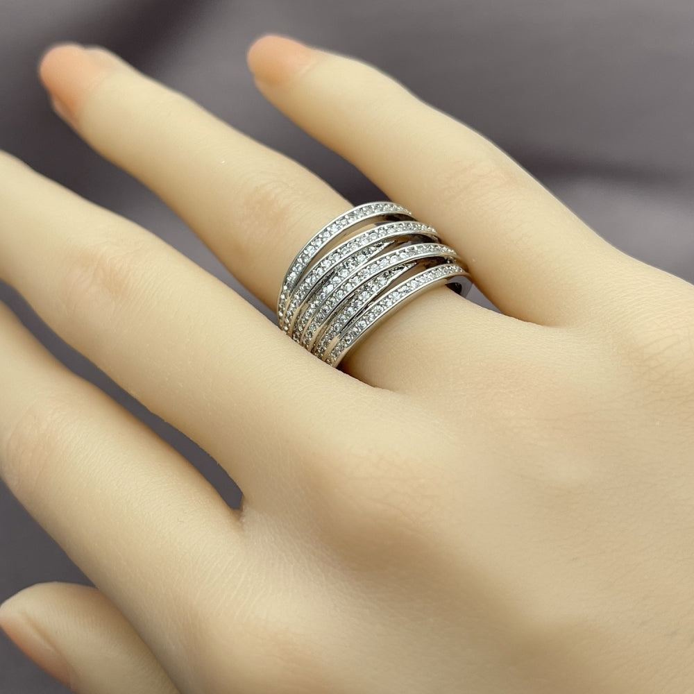 White Gold Filled Multi Stone Ring, Twist Design, with White Micro Pave, Polished, Rhodium Finish