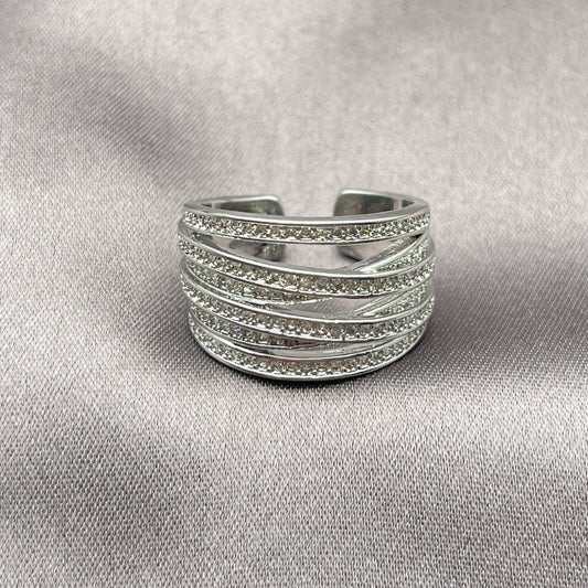 White Gold Filled Multi Stone Ring, Twist Design, with White Micro Pave, Polished, Rhodium Finish