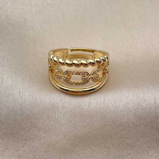 Oro Laminado Multi Stone Ring, Gold Filled Style Paperclip and Twist Design, with White Micro Pave, Polished, Golden Finish