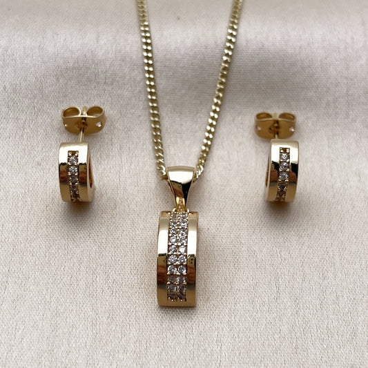 Oro Laminado Earring and Pendant Adult Set, Gold Filled Style with White Micro Pave, Polished, Golden Finish