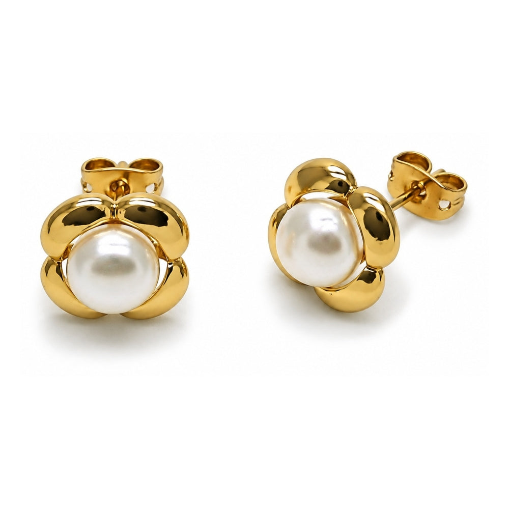 Oro Laminado Stud Earring, Gold Filled Style Four-leaf Clover and Ball Design, with Ivory Pearl, Polished, Golden Finish