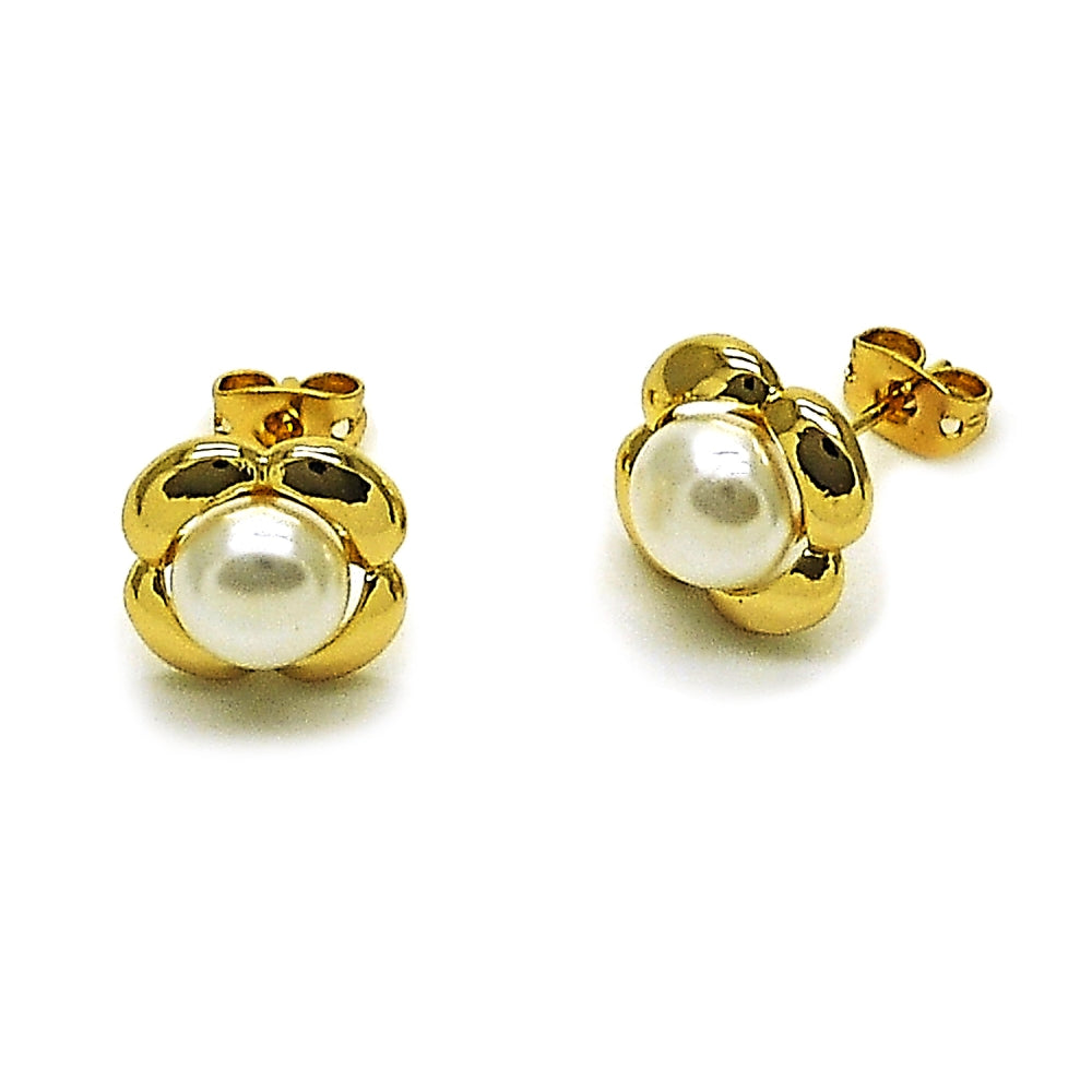 Oro Laminado Stud Earring, Gold Filled Style Four-leaf Clover and Ball Design, with Ivory Pearl, Polished, Golden Finish