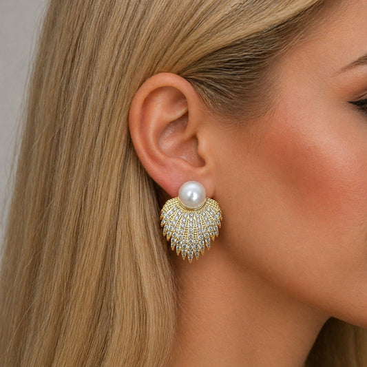 Oro Laminado Stud Earring, Gold Filled Style Flower and Ball Design, with Ivory Pearl and White Cubic Zirconia, Polished, Golden Finish