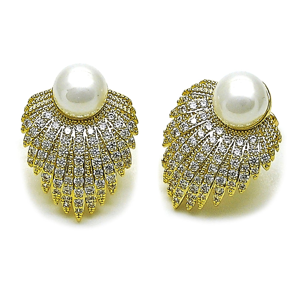 Oro Laminado Stud Earring, Gold Filled Style Flower and Ball Design, with Ivory Pearl and White Cubic Zirconia, Polished, Golden Finish