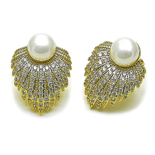 Oro Laminado Stud Earring, Gold Filled Style Flower and Ball Design, with Ivory Pearl and White Cubic Zirconia, Polished, Golden Finish