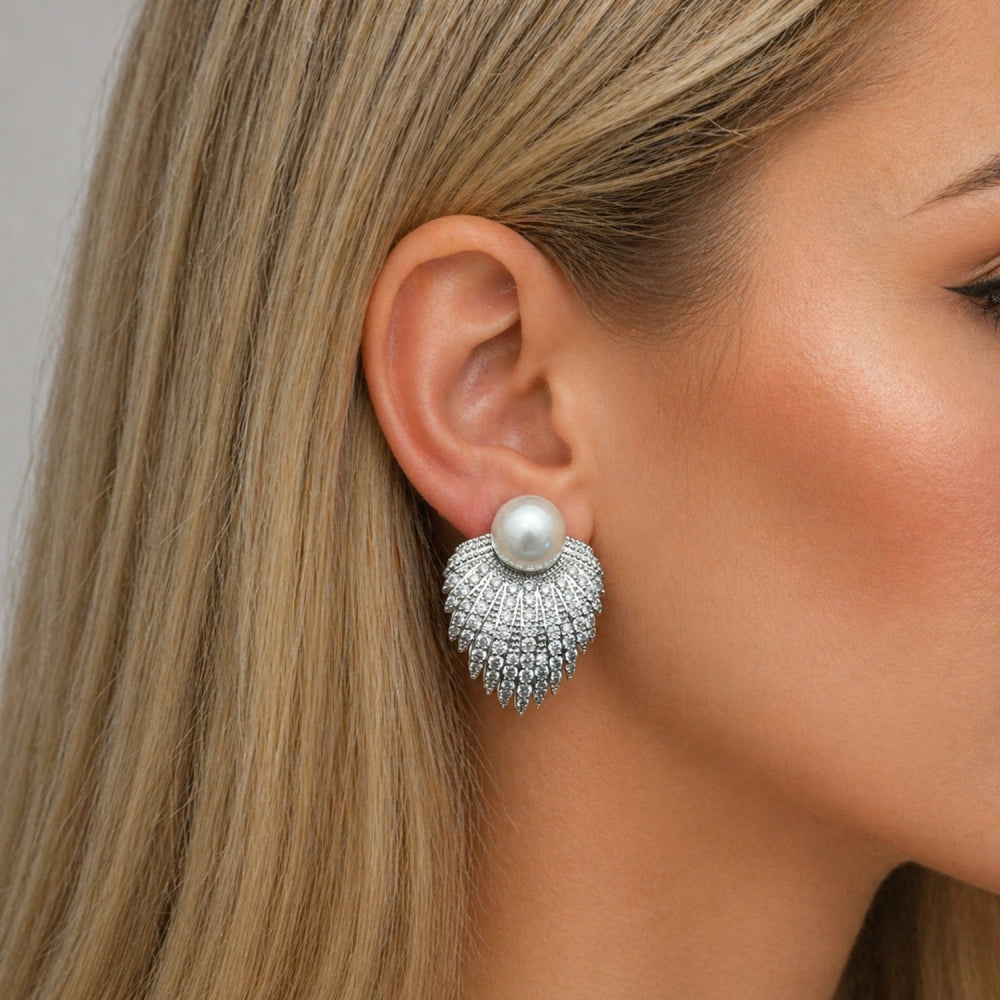 Rhodium Gold Filled Stud Earring, Flower and Ball Design, with White Cubic Zirconia and Ivory Pearl, Polished, Rhodium Finish