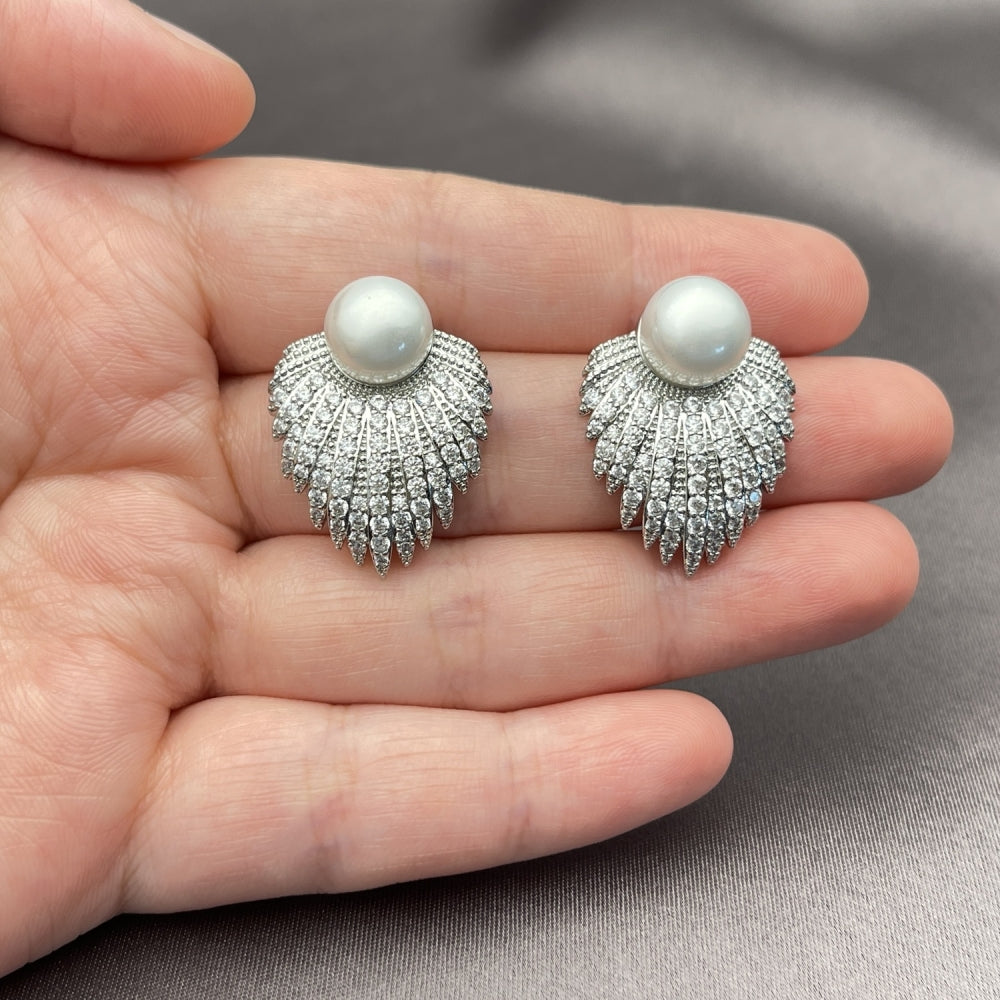 White Gold Filled Stud Earring, Flower and Ball Design, with White Cubic Zirconia and Ivory Pearl, Polished, Rhodium Finish