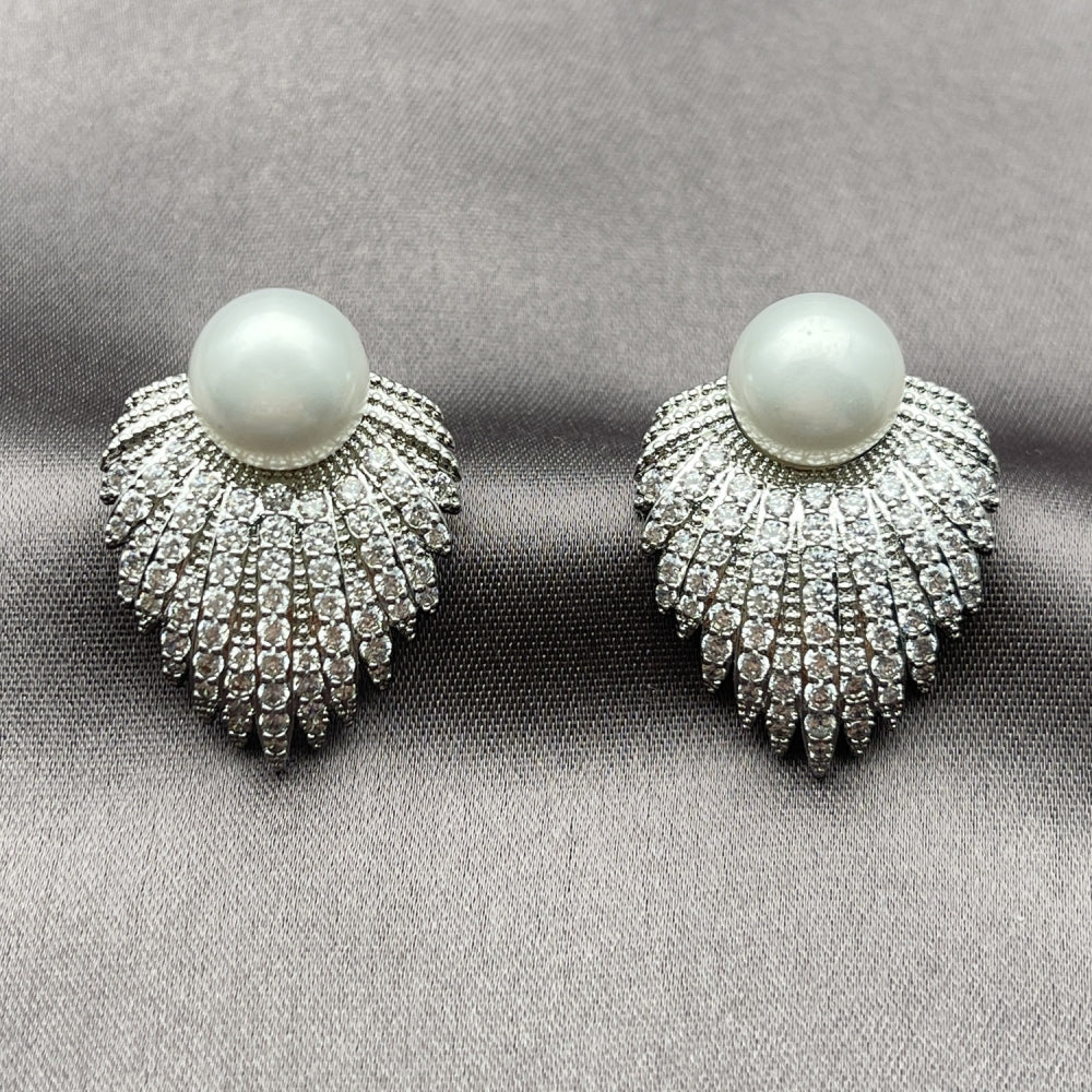 White Gold Filled Stud Earring, Flower and Ball Design, with White Cubic Zirconia and Ivory Pearl, Polished, Rhodium Finish