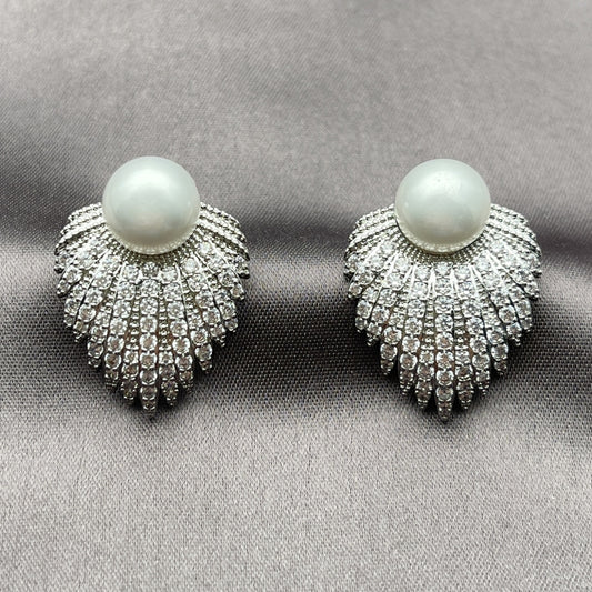 White Gold Filled Stud Earring, Flower and Ball Design, with White Cubic Zirconia and Ivory Pearl, Polished, Rhodium Finish