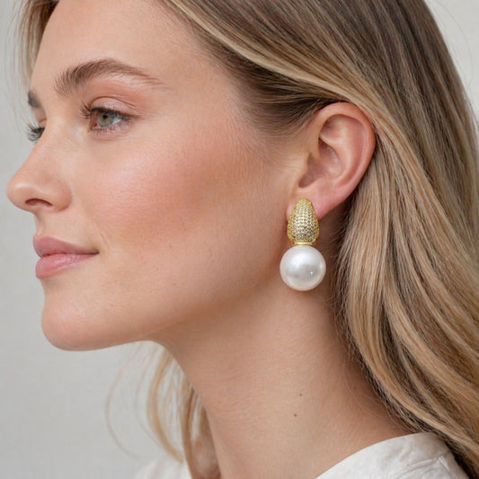 Oro Laminado Stud Earring, Gold Filled Style Teardrop and Ball Design, with Ivory Mother of Pearl and White Cubic Zirconia, Polished, Golden Finish
