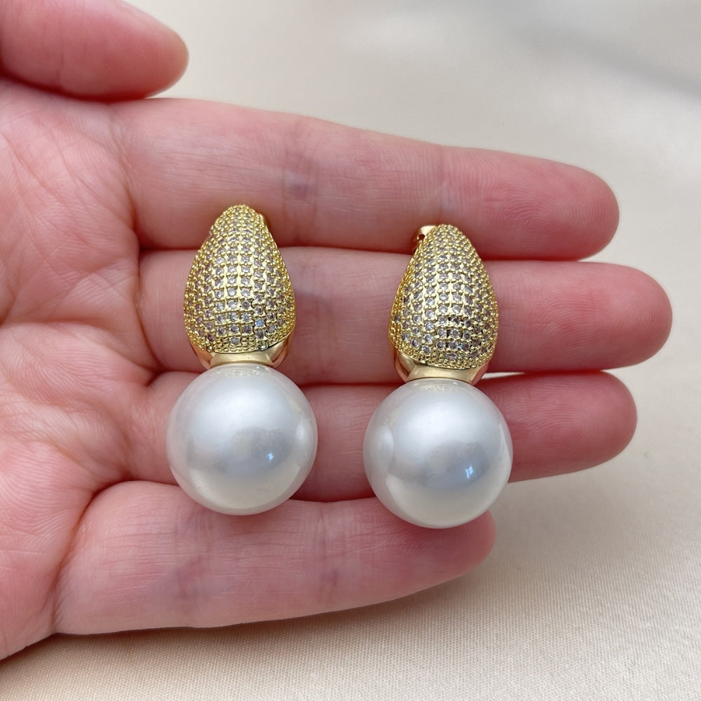 Oro Laminado Stud Earring, Gold Filled Style Teardrop and Ball Design, with Ivory Mother of Pearl and White Cubic Zirconia, Polished, Golden Finish