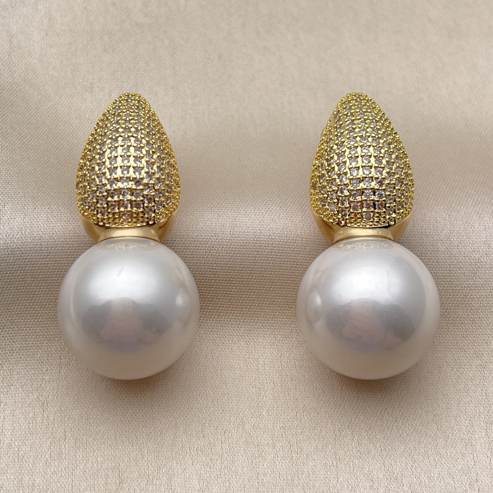 Oro Laminado Stud Earring, Gold Filled Style Teardrop and Ball Design, with Ivory Mother of Pearl and White Cubic Zirconia, Polished, Golden Finish