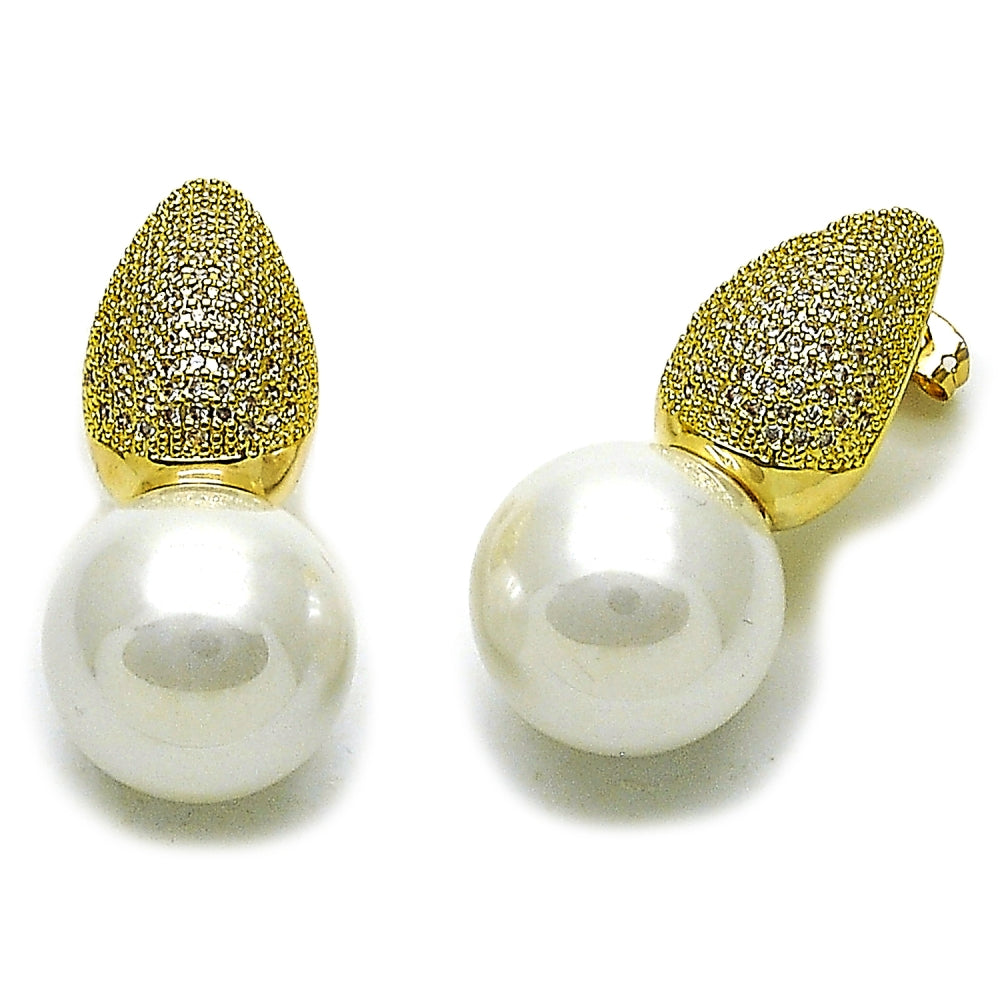 Oro Laminado Stud Earring, Gold Filled Style Teardrop and Ball Design, with Ivory Mother of Pearl and White Cubic Zirconia, Polished, Golden Finish