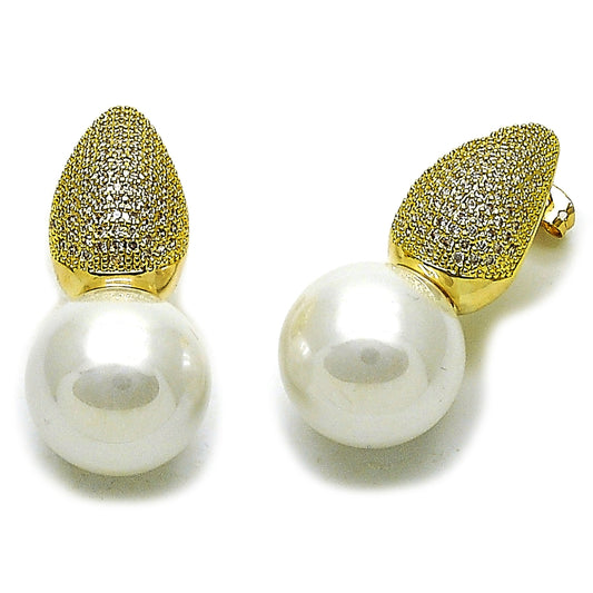 Oro Laminado Stud Earring, Gold Filled Style Teardrop and Ball Design, with Ivory Mother of Pearl and White Cubic Zirconia, Polished, Golden Finish