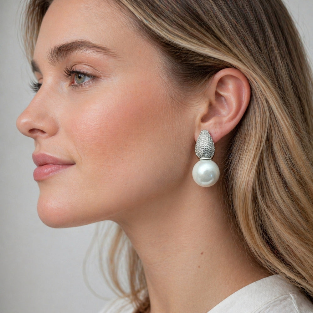 Rhodium Gold Filled Stud Earring, Ball and Teardrop Design, with Ivory Mother of Pearl and White Cubic Zirconia, Polished, Rhodium Finish
