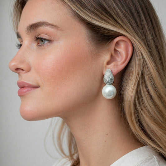 Rhodium Gold Filled Stud Earring, Ball and Teardrop Design, with Ivory Mother of Pearl and White Cubic Zirconia, Polished, Rhodium Finish