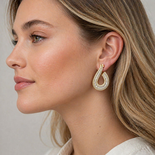 Oro Laminado Stud Earring, Gold Filled Style Baguette Design, with White Cubic Zirconia and White Micro Pave, Polished, Golden Finish