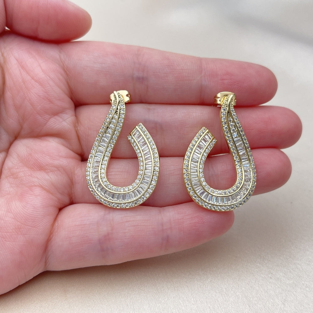 Oro Laminado Stud Earring, Gold Filled Style Baguette Design, with White Cubic Zirconia and White Micro Pave, Polished, Golden Finish