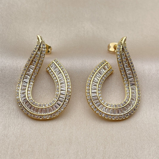 Oro Laminado Stud Earring, Gold Filled Style Baguette Design, with White Cubic Zirconia and White Micro Pave, Polished, Golden Finish