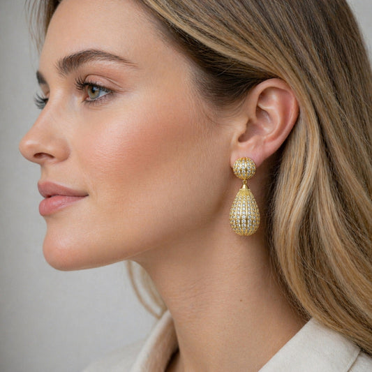 Oro Laminado Dangle Earring, Gold Filled Style Teardrop and Ball Design, with White Cubic Zirconia, Polished, Golden Finish