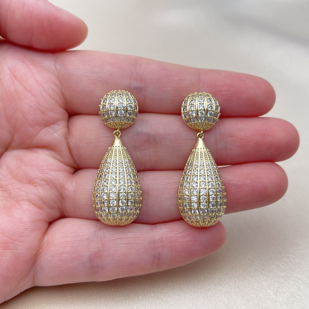 Oro Laminado Dangle Earring, Gold Filled Style Teardrop and Ball Design, with White Cubic Zirconia, Polished, Golden Finish