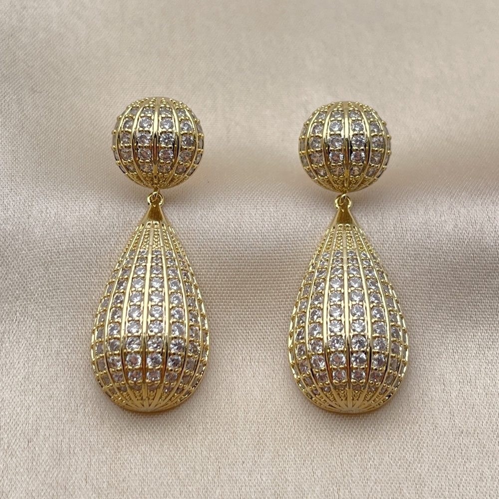 Oro Laminado Dangle Earring, Gold Filled Style Teardrop and Ball Design, with White Cubic Zirconia, Polished, Golden Finish