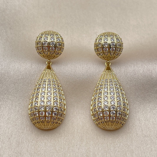 Oro Laminado Dangle Earring, Gold Filled Style Teardrop and Ball Design, with White Cubic Zirconia, Polished, Golden Finish