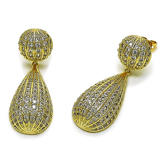 Oro Laminado Dangle Earring, Gold Filled Style Teardrop and Ball Design, with White Cubic Zirconia, Polished, Golden Finish