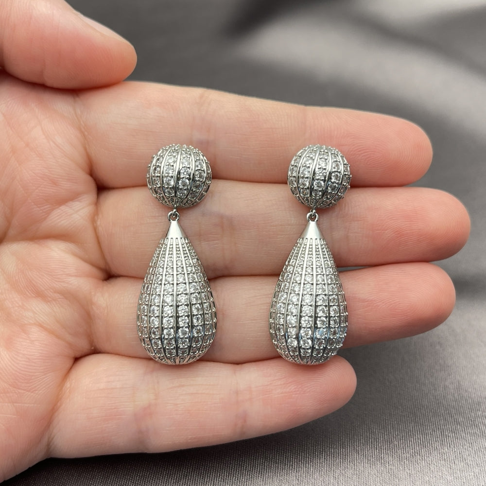 White Gold Filled Dangle Earring, Teardrop and Ball Design, with White Cubic Zirconia, Polished, Rhodium Finish