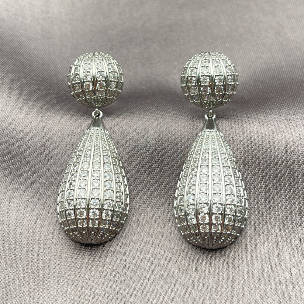 White Gold Filled Dangle Earring, Teardrop and Ball Design, with White Cubic Zirconia, Polished, Rhodium Finish