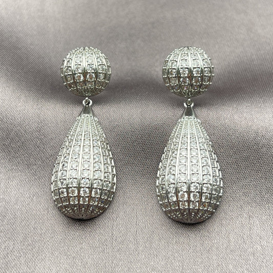 Rhodium Gold Filled Dangle Earring, Teardrop and Ball Design, with White Cubic Zirconia, Polished, Rhodium Finish