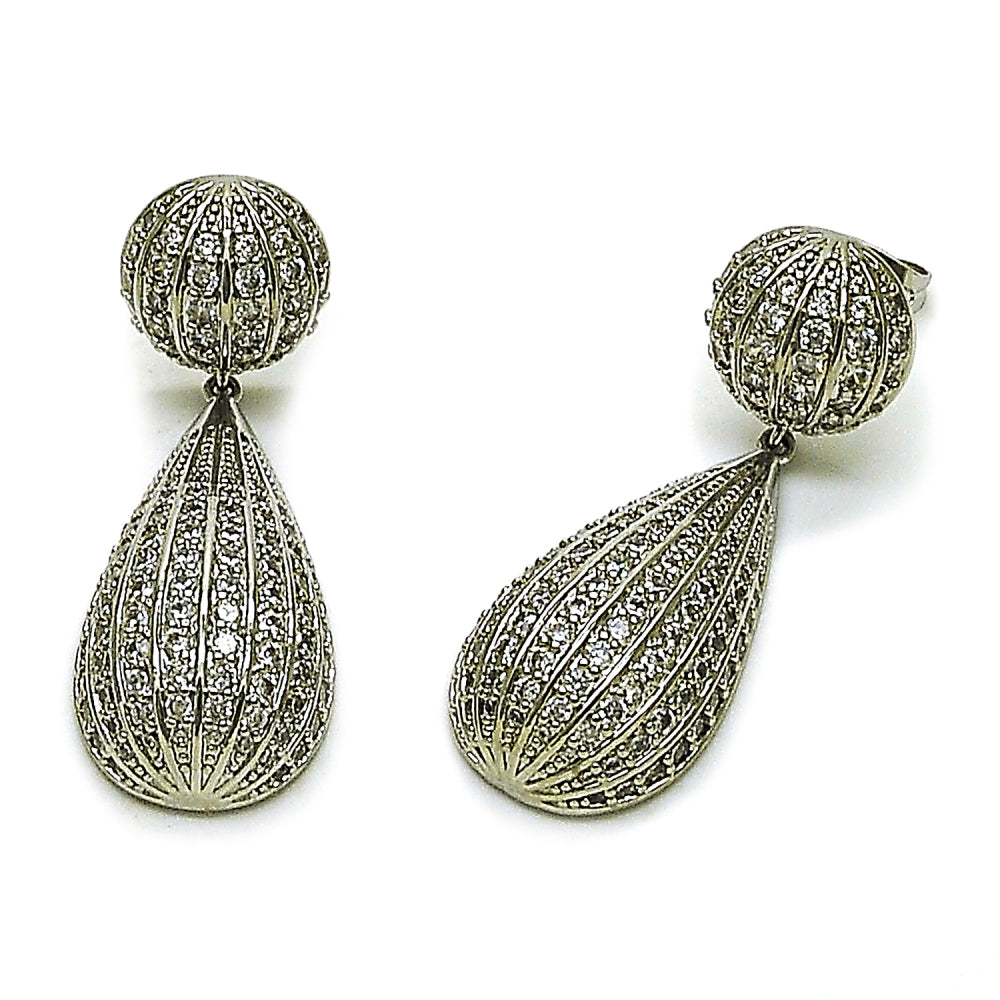 Rhodium Gold Filled Dangle Earring, Teardrop and Ball Design, with White Cubic Zirconia, Polished, Rhodium Finish