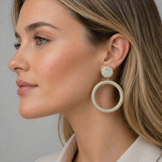 Oro Laminado Dangle Earring, Gold Filled Style with White Micro Pave, Polished, Golden Finish