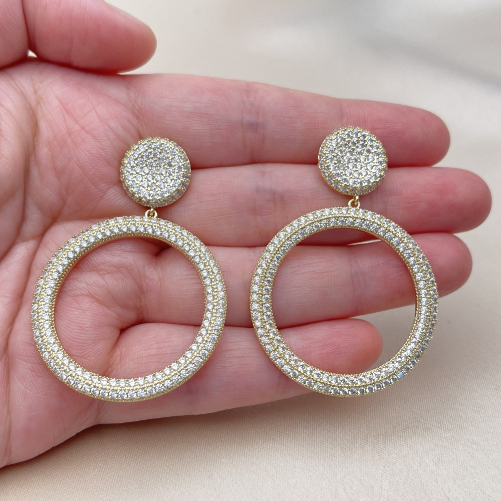 Oro Laminado Dangle Earring, Gold Filled Style with White Micro Pave, Polished, Golden Finish