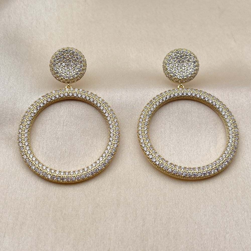 Oro Laminado Dangle Earring, Gold Filled Style with White Micro Pave, Polished, Golden Finish