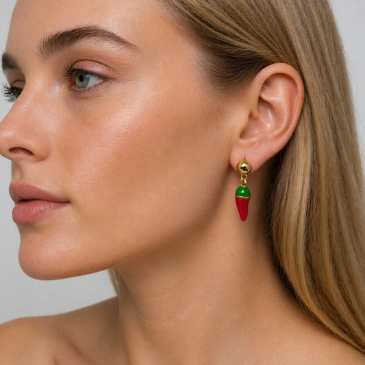 Oro Laminado Dangle Earring, Gold Filled Style Chili Design, Red Enamel Finish, Golden Finish