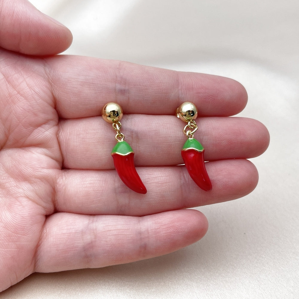 Oro Laminado Dangle Earring, Gold Filled Style Chili Design, Red Enamel Finish, Golden Finish