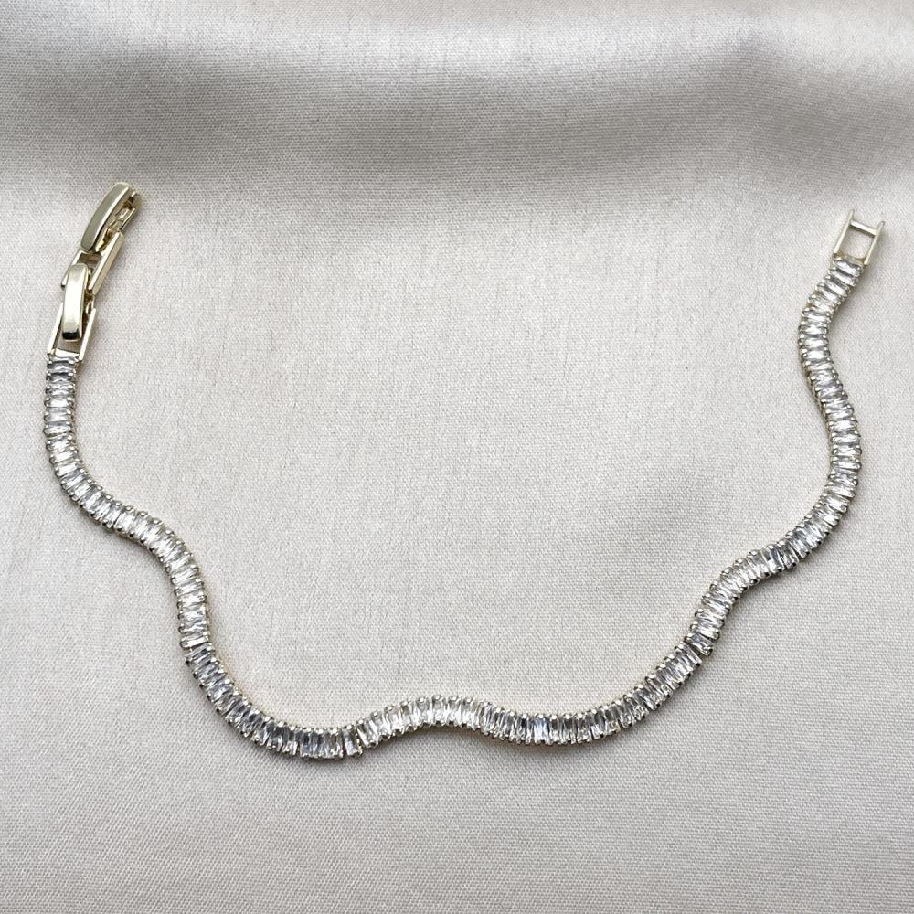 Oro Laminado Tennis Bracelet, Gold Filled Style Baguette Design, with White Cubic Zirconia, Polished, Golden Finish