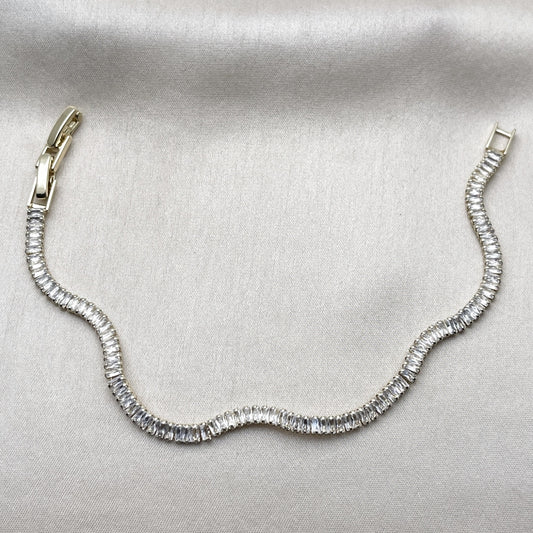 Oro Laminado Tennis Bracelet, Gold Filled Style Baguette Design, with White Cubic Zirconia, Polished, Golden Finish