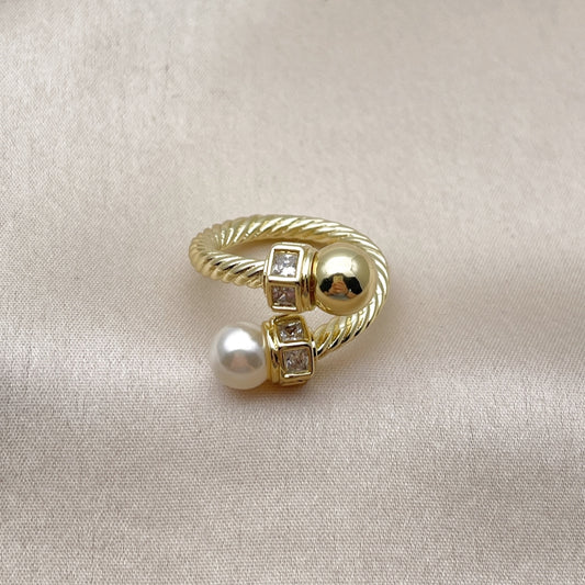 Oro Laminado Multi Stone Ring, Gold Filled Style Twist and Ball Design, with White Cubic Zirconia and Ivory Pearl, Polished, Golden Finish