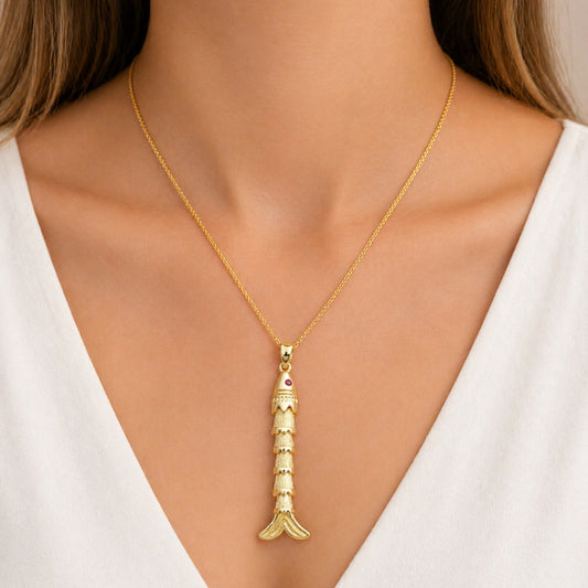 Oro Laminado Fancy Pendant, Gold Filled Style Fish Design, with Ruby Cubic Zirconia, Diamond Cutting Finish, Golden Finish