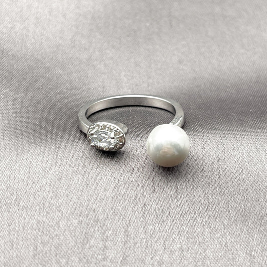 Rhodium Gold Filled Multi Stone Ring, Ball and Cluster Design, with Ivory Pearl and White Cubic Zirconia, Polished, Rhodium Finish