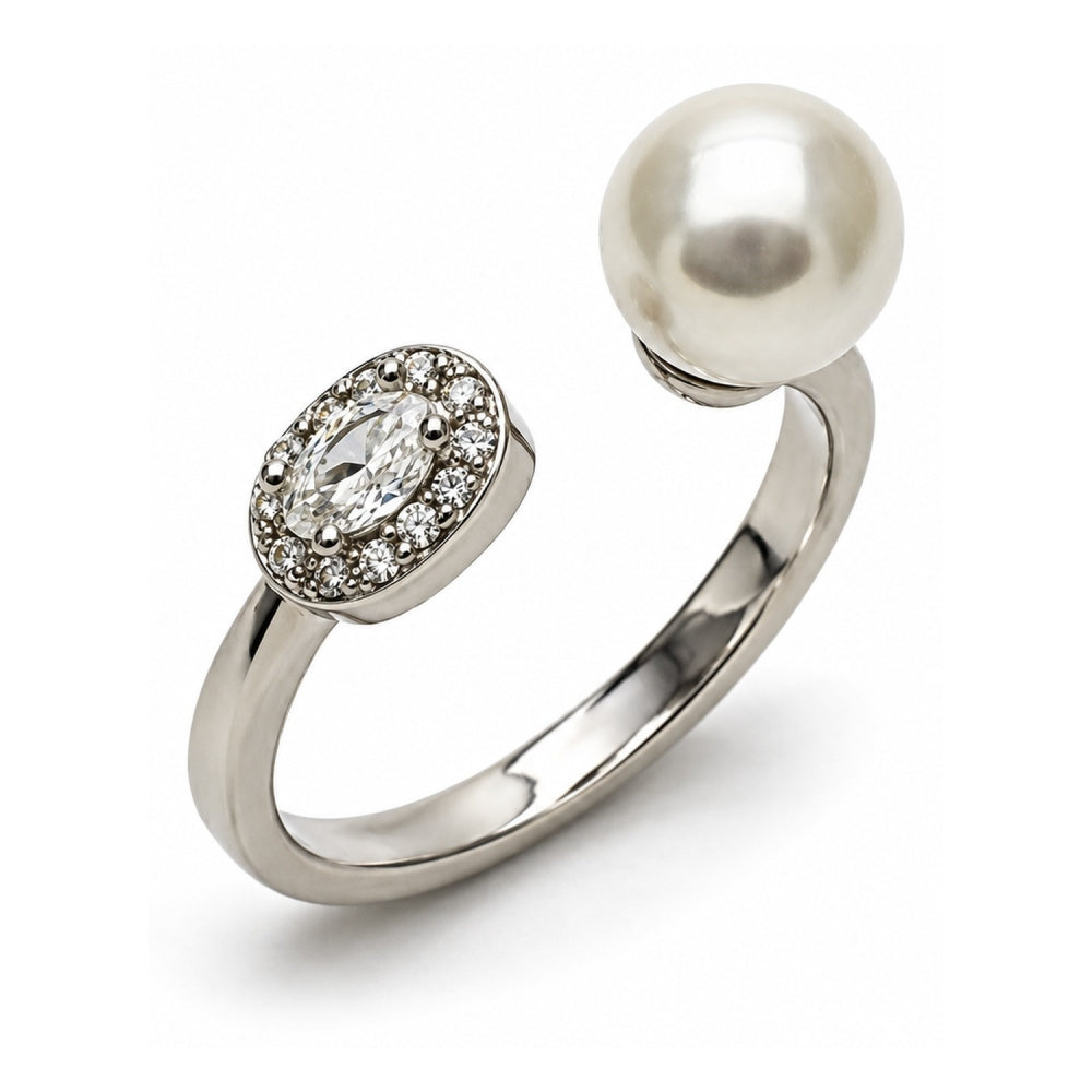 White Gold Filled Multi Stone Ring, Ball and Cluster Design, with Ivory Pearl and White Cubic Zirconia, Polished, Rhodium Finish