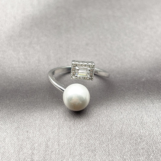 Rhodium Gold Filled Multi Stone Ring, Ball and Cluster Design, with Ivory Pearl and White Cubic Zirconia, Polished, Rhodium Finish