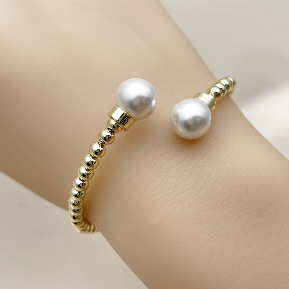 Oro Laminado Individual Bangle, Gold Filled Style Ball Design, with Ivory Pearl, Polished, Golden Finish