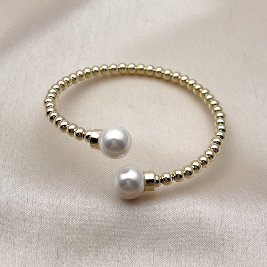 Oro Laminado Individual Bangle, Gold Filled Style Ball Design, with Ivory Pearl, Polished, Golden Finish
