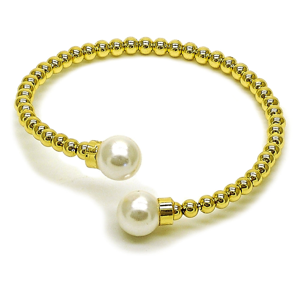 Oro Laminado Individual Bangle, Gold Filled Style Ball Design, with Ivory Pearl, Polished, Golden Finish