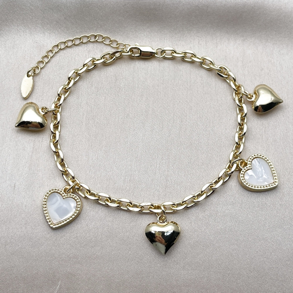 Oro Laminado Fancy Bracelet, Gold Filled Style Heart and Rolo Design, with Ivory Mother of Pearl, Polished, Golden Finish