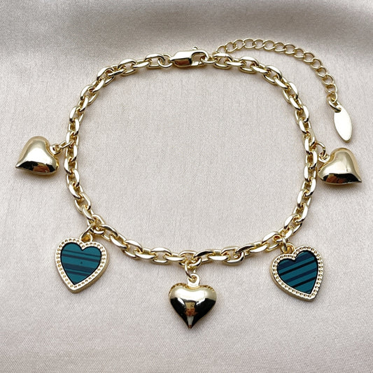 Oro Laminado Fancy Bracelet, Gold Filled Style Heart and Rolo Design, with Light Turquoise Mother of Pearl, Polished, Golden Finish