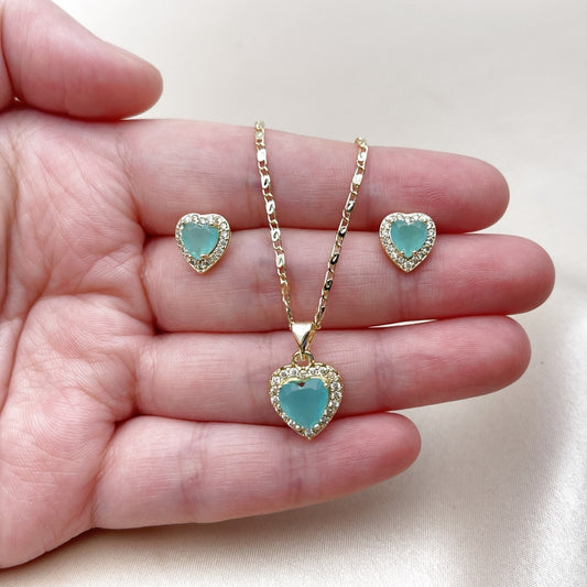 Oro Laminado Earring and Pendant Adult Set, Gold Filled Style Heart and Cluster Design, with Light Turquoise and White Cubic Zirconia, Polished, Golden Finish